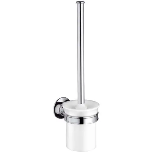 Wandmontierter Toilettenbürstenhalter von AXOR mit Chrombeschichtung und keramikfarbenem Behälter, funktional und schlicht gestaltet.